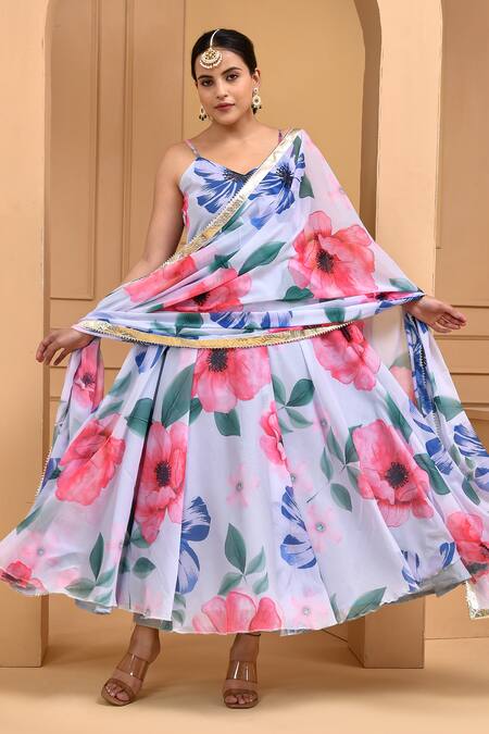 Bannhi By Priyanka Rathore White Georgette V-neck Floral Print Anarkali Pant Set Online at Aza Fashions Bannhi By Priyanka Rathore_White Georgette V-neck Floral Print Anarkali Pant Set _Online_at_Aza_Fashions