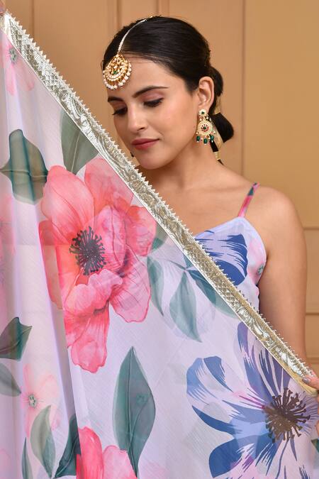 Shop Bannhi By Priyanka Rathore White Georgette V-neck Floral Print Anarkali Pant Set Online at Aza Fashions Shop_Bannhi By Priyanka Rathore_White Georgette V-neck Floral Print Anarkali Pant Set _Online_at_Aza_Fashions