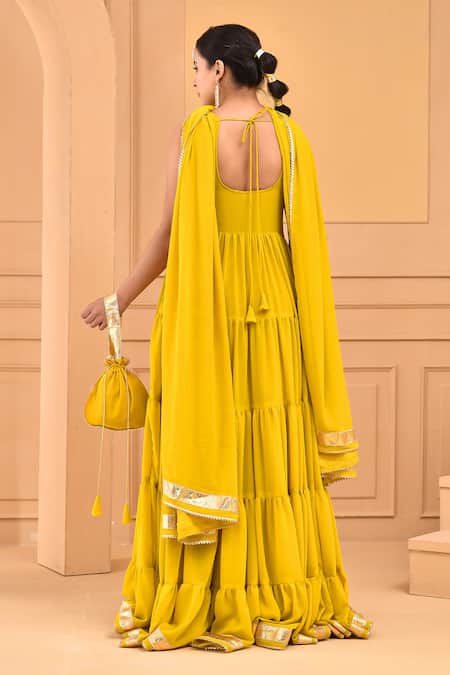 Shop_Bannhi By Priyanka Rathore_Yellow Georgette Gota Patti Round Neck Sleeveless Tiered Anarkali With Dupatta _at_Aza_Fashions