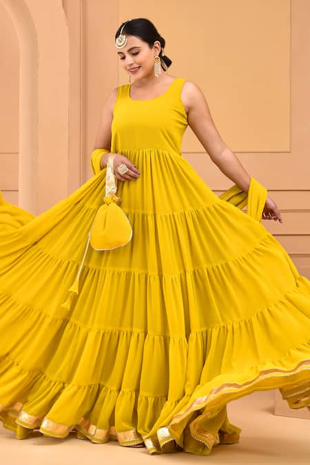Shop_Bannhi By Priyanka Rathore_Yellow Georgette Gota Patti Round Neck Sleeveless Tiered Anarkali With Dupatta _Online_at_Aza_Fashions