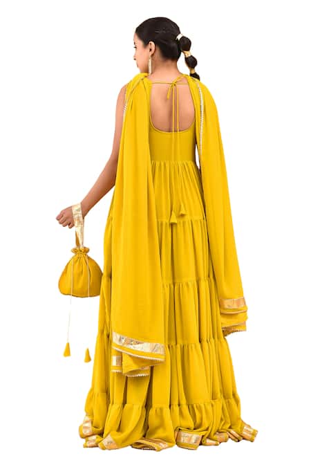 Bannhi By Priyanka Rathore_Yellow Georgette Gota Patti Round Neck Sleeveless Tiered Anarkali With Dupatta _at_Aza_Fashions