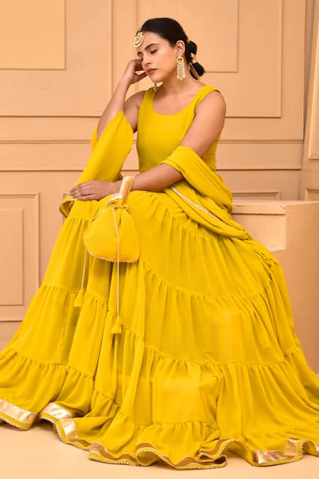 Buy_Bannhi By Priyanka Rathore_Yellow Georgette Gota Patti Round Neck Sleeveless Tiered Anarkali With Dupatta 