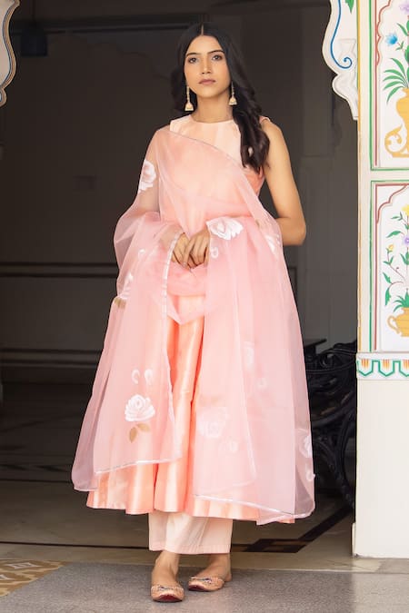 Bannhi By Priyanka Rathore_Peach Organza, Taffeta Embroidery Anarkali And Pant Set With Hand Painted Dupatta _Online_at_Aza_Fashions