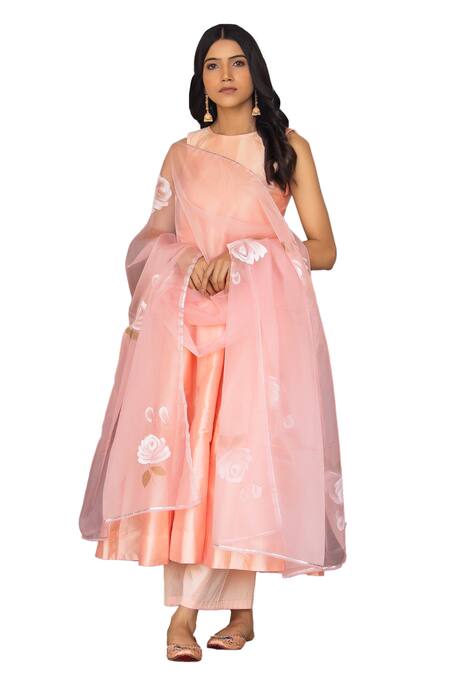 Buy_Bannhi By Priyanka Rathore_Peach Organza, Taffeta Embroidery Anarkali And Pant Set With Hand Painted Dupatta _Online_at_Aza_Fashions
