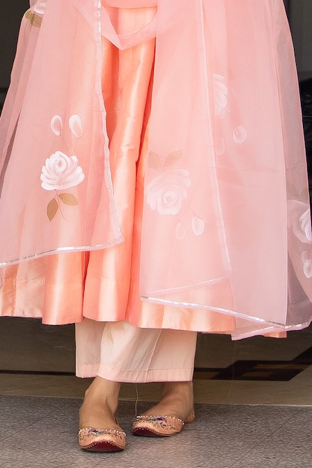 Shop_Bannhi By Priyanka Rathore_Peach Organza, Taffeta Embroidery Anarkali And Pant Set With Hand Painted Dupatta _Online_at_Aza_Fashions