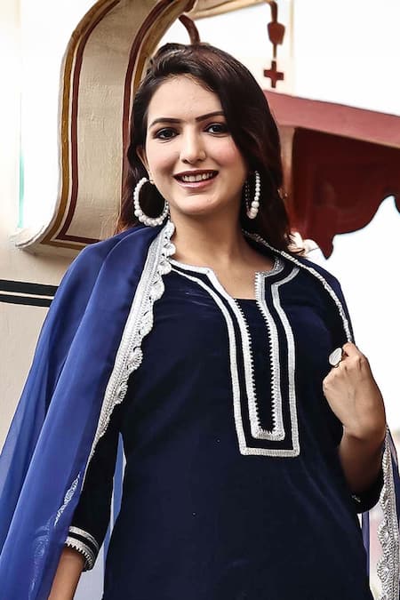 Shop_Bannhi By Priyanka Rathore_Blue Velvet, Organza Gota Patti Round Neck Kurta And Pant Set _Online_at_Aza_Fashions