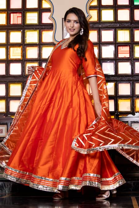 Buy Bannhi By Priyanka Rathore Orange Organza, Taffeta Gota Patti, Zari Anarkali With Chevron Work Dupatta Online at Aza Fashions Buy_Bannhi By Priyanka Rathore_Orange Organza, Taffeta Gota Patti, Zari Anarkali With Chevron Work Dupatta _Online_at_Aza_Fashions