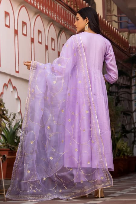 Shop Bannhi By Priyanka Rathore Purple Organza, Cotton Embroidery Pleated Kurta And Pant Set With Floral Dupatta Online at Aza Fashions Shop_Bannhi By Priyanka Rathore_Purple Organza, Cotton Embroidery Pleated Kurta And Pant Set With Floral Dupatta _Online_at_Aza_Fashions