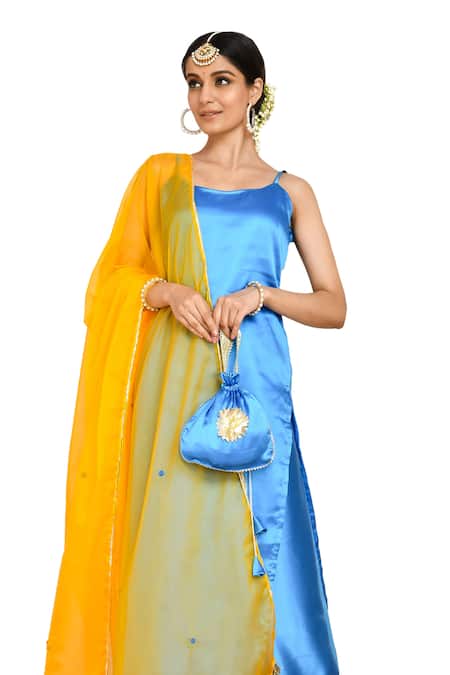 Bannhi By Priyanka Rathore Blue Satin, Organza Embroidery Scoop Neck Kurta And Palazzo Set Online at Aza Fashions Bannhi By Priyanka Rathore_Blue Satin, Organza Embroidery Scoop Neck Kurta And Palazzo Set _Online_at_Aza_Fashions