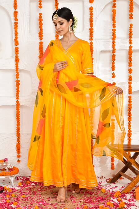 Bannhi By Priyanka Rathore Yellow Organza, Cotton Satin Gota Patti, Work Anarkali With Hand Painted Dupatta Online at Aza Fashions Bannhi By Priyanka Rathore_Yellow Organza, Cotton Satin Gota Patti, Work Anarkali With Hand Painted Dupatta _Online_at_Aza_Fashions