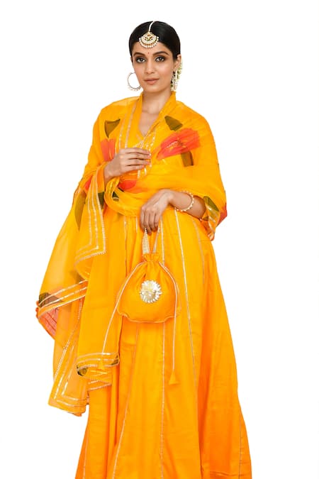 Shop Bannhi By Priyanka Rathore Yellow Organza, Cotton Satin Gota Patti, Work Anarkali With Hand Painted Dupatta Online at Aza Fashions Shop_Bannhi By Priyanka Rathore_Yellow Organza, Cotton Satin Gota Patti, Work Anarkali With Hand Painted Dupatta _Online_at_Aza_Fashions