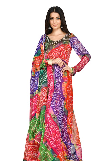 Bannhi By Priyanka Rathore Multi Color Chiffon Embroidery Rajasthani Bandhani Print Anarkali With Dupatta Online at Aza Fashions Bannhi By Priyanka Rathore_Multi Color Chiffon Embroidery Rajasthani Bandhani Print Anarkali With Dupatta _Online_at_Aza_Fashions