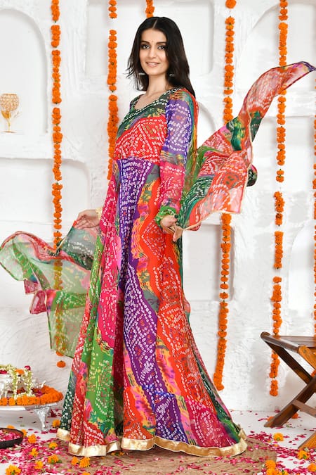 Shop Bannhi By Priyanka Rathore Multi Color Chiffon Embroidery Rajasthani Bandhani Print Anarkali With Dupatta Online at Aza Fashions Shop_Bannhi By Priyanka Rathore_Multi Color Chiffon Embroidery Rajasthani Bandhani Print Anarkali With Dupatta _Online_at_Aza_Fashions