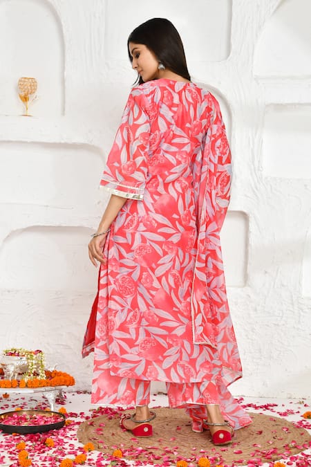 Shop Bannhi By Priyanka Rathore Pink Chanderi, Chiffon Embroidery V-neck Flower Blossom Print Kurta Palazzo Set at Aza Fashions Shop_Bannhi By Priyanka Rathore_Pink Chanderi, Chiffon Embroidery V-neck Flower Blossom Print Kurta Palazzo Set _at_Aza_Fashions