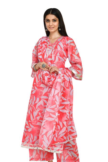 Buy Bannhi By Priyanka Rathore Pink Chanderi, Chiffon Embroidery V-neck Flower Blossom Print Kurta Palazzo Set Buy_Bannhi By Priyanka Rathore_Pink Chanderi, Chiffon Embroidery V-neck Flower Blossom Print Kurta Palazzo Set