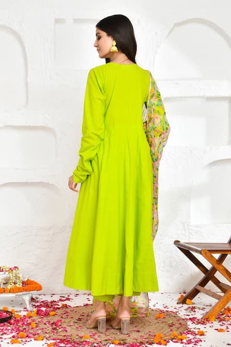 Shop Bannhi By Priyanka Rathore Green Cotton, Chiffon Anarkali And Palazzo Set With Floral Print Dupatta at Aza Fashions Shop_Bannhi By Priyanka Rathore_Green Cotton, Chiffon Anarkali And Palazzo Set With Floral Print Dupatta _at_Aza_Fashions