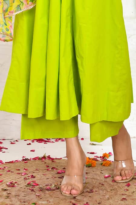 Bannhi By Priyanka Rathore Green Cotton, Chiffon Anarkali And Palazzo Set With Floral Print Dupatta Online at Aza Fashions Bannhi By Priyanka Rathore_Green Cotton, Chiffon Anarkali And Palazzo Set With Floral Print Dupatta _Online_at_Aza_Fashions