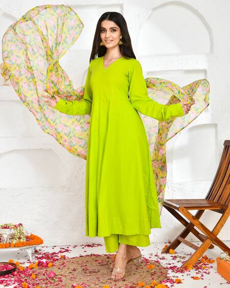 Shop Bannhi By Priyanka Rathore Green Cotton, Chiffon Anarkali And Palazzo Set With Floral Print Dupatta Online at Aza Fashions Shop_Bannhi By Priyanka Rathore_Green Cotton, Chiffon Anarkali And Palazzo Set With Floral Print Dupatta _Online_at_Aza_Fashions