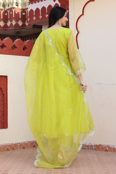 Shop Bannhi By Priyanka Rathore Green Cotton, Organza Anarkali And Palazzo Set With Scallop Trimmed Dupatta at Aza Fashions Shop_Bannhi By Priyanka Rathore_Green Cotton, Organza Anarkali And Palazzo Set With Scallop Trimmed Dupatta _at_Aza_Fashions