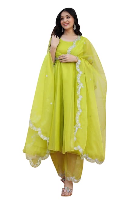 Bannhi By Priyanka Rathore Green Cotton, Organza Anarkali And Palazzo Set With Scallop Trimmed Dupatta Online at Aza Fashions Bannhi By Priyanka Rathore_Green Cotton, Organza Anarkali And Palazzo Set With Scallop Trimmed Dupatta _Online_at_Aza_Fashions