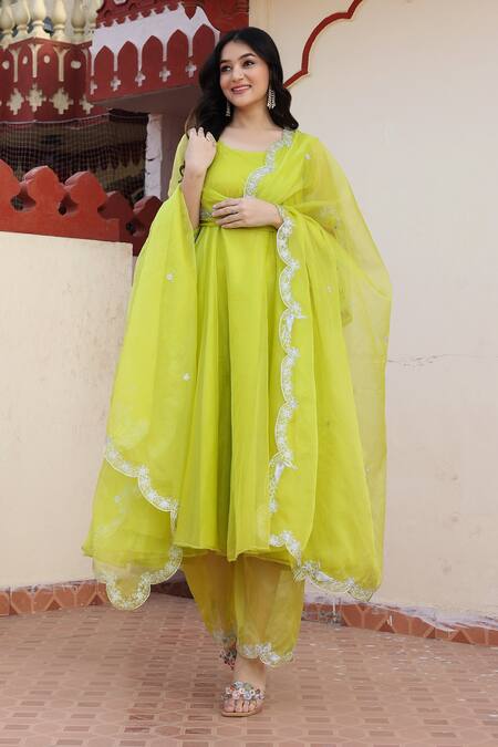 Buy Bannhi By Priyanka Rathore Green Cotton, Organza Anarkali And Palazzo Set With Scallop Trimmed Dupatta Online at Aza Fashions Buy_Bannhi By Priyanka Rathore_Green Cotton, Organza Anarkali And Palazzo Set With Scallop Trimmed Dupatta _Online_at_Aza_Fashions