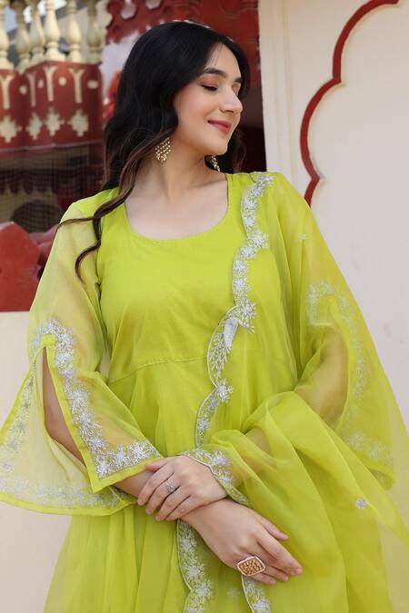 Shop Bannhi By Priyanka Rathore Green Cotton, Organza Anarkali And Palazzo Set With Scallop Trimmed Dupatta Online at Aza Fashions Shop_Bannhi By Priyanka Rathore_Green Cotton, Organza Anarkali And Palazzo Set With Scallop Trimmed Dupatta _Online_at_Aza_Fashions