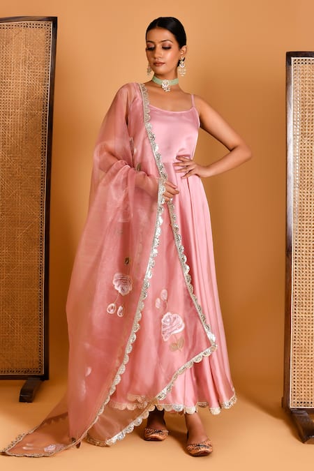 Bannhi Rose Gold Satin Silk Embroidery Anarkali And Pant Set With Hand Painted Dupatta 