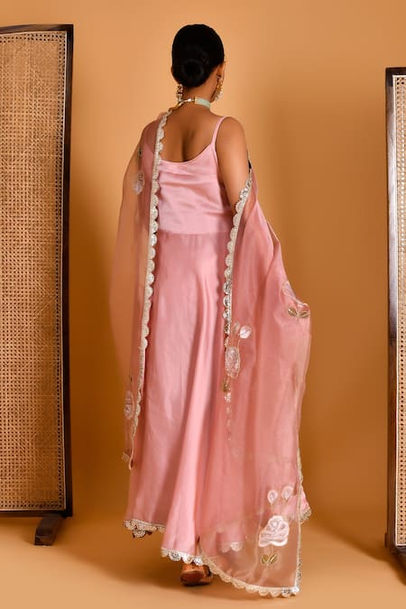 Shop Bannhi By Priyanka Rathore Rose Gold Organza, Satin, Silk Anarkali And Pant Set With Hand Painted Dupatta at Aza Fashions Shop_Bannhi By Priyanka Rathore_Rose Gold Organza, Satin, Silk Anarkali And Pant Set With Hand Painted Dupatta _at_Aza_Fashions