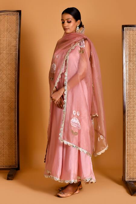 Buy Bannhi By Priyanka Rathore Rose Gold Organza, Satin, Silk Anarkali And Pant Set With Hand Painted Dupatta Online at Aza Fashions Buy_Bannhi By Priyanka Rathore_Rose Gold Organza, Satin, Silk Anarkali And Pant Set With Hand Painted Dupatta _Online_at_Aza_Fashions