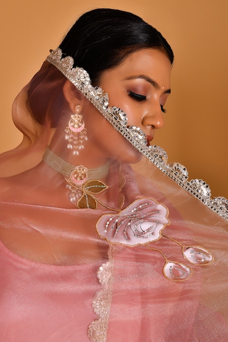 Shop Bannhi By Priyanka Rathore Rose Gold Organza, Satin, Silk Anarkali And Pant Set With Hand Painted Dupatta Online at Aza Fashions Shop_Bannhi By Priyanka Rathore_Rose Gold Organza, Satin, Silk Anarkali And Pant Set With Hand Painted Dupatta _Online_at_Aza_Fashions