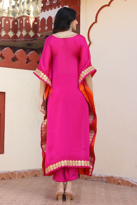 Shop_Bannhi By Priyanka Rathore_Pink Satin, Silk Gota Patti V-neck Placement Floral Work Kaftan With Pant _at_Aza_Fashions