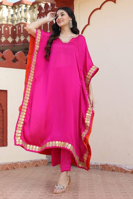 Bannhi By Priyanka Rathore Pink Satin, Silk Gota Patti V-neck Placement Floral Work Kaftan With Pant Online at Aza Fashions Bannhi By Priyanka Rathore_Pink Satin, Silk Gota Patti V-neck Placement Floral Work Kaftan With Pant _Online_at_Aza_Fashions