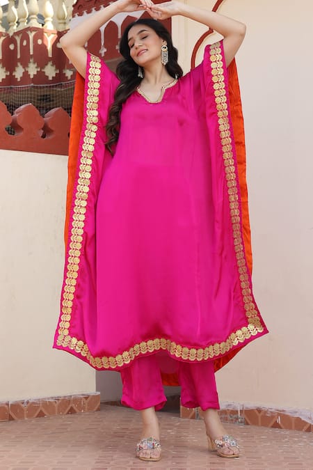Buy_Bannhi By Priyanka Rathore_Pink Satin, Silk Gota Patti V-neck Placement Floral Work Kaftan With Pant _Online_at_Aza_Fashions