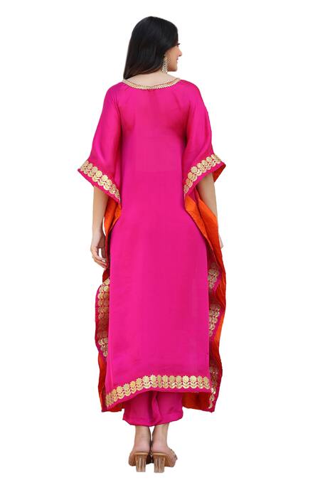 Shop Bannhi By Priyanka Rathore Pink Satin, Silk Gota Patti V-neck Placement Floral Work Kaftan With Pant Online at Aza Fashions Shop_Bannhi By Priyanka Rathore_Pink Satin, Silk Gota Patti V-neck Placement Floral Work Kaftan With Pant _Online_at_Aza_Fashions