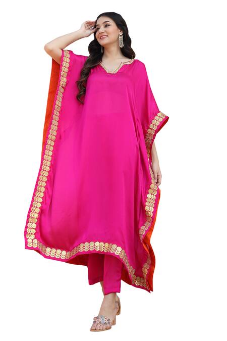 Buy Bannhi By Priyanka Rathore Pink Satin, Silk Gota Patti V-neck Placement Floral Work Kaftan With Pant Buy_Bannhi By Priyanka Rathore_Pink Satin, Silk Gota Patti V-neck Placement Floral Work Kaftan With Pant