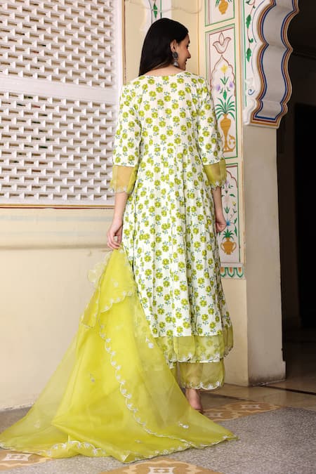 Shop Bannhi By Priyanka Rathore Ivory Cotton, Organza Embroidery Round Neck Hand Block Print Anarkali Pant Set at Aza Fashions Shop_Bannhi By Priyanka Rathore_Ivory Cotton, Organza Embroidery Round Neck Hand Block Print Anarkali Pant Set _at_Aza_Fashions