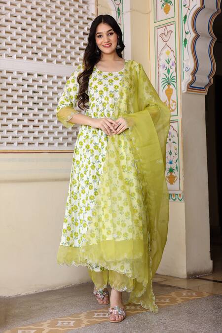 Buy Bannhi By Priyanka Rathore Ivory Cotton, Organza Embroidery Round Neck Hand Block Print Anarkali Pant Set Buy_Bannhi By Priyanka Rathore_Ivory Cotton, Organza Embroidery Round Neck Hand Block Print Anarkali Pant Set