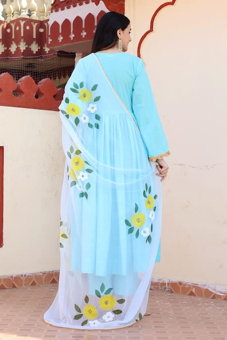 Shop Bannhi By Priyanka Rathore Blue Cotton, Georgette Embroidery V-neck Placement Anarkali Palazzo Set at Aza Fashions Shop_Bannhi By Priyanka Rathore_Blue Cotton, Georgette Embroidery V-neck Placement Anarkali Palazzo Set _at_Aza_Fashions