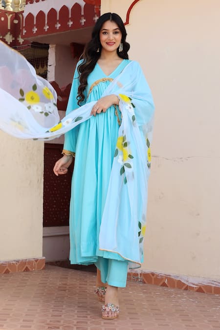 Buy Bannhi By Priyanka Rathore Blue Cotton, Georgette Embroidery V-neck Placement Anarkali Palazzo Set Online at Aza Fashions Buy_Bannhi By Priyanka Rathore_Blue Cotton, Georgette Embroidery V-neck Placement Anarkali Palazzo Set _Online_at_Aza_Fashions