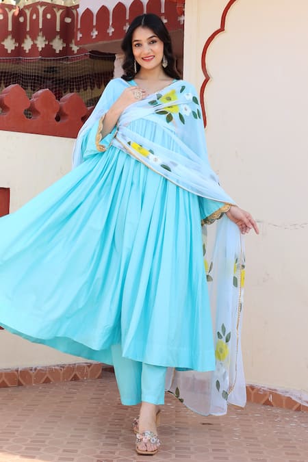Shop Bannhi By Priyanka Rathore Blue Cotton, Georgette Embroidery V-neck Placement Anarkali Palazzo Set Online at Aza Fashions Shop_Bannhi By Priyanka Rathore_Blue Cotton, Georgette Embroidery V-neck Placement Anarkali Palazzo Set _Online_at_Aza_Fashions