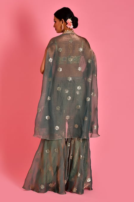 Shop Bannhi By Priyanka Rathore Green Tissue, Organza Lace, Sequins Floral Border Embroidered Cape Sharara Set at Aza Fashions Shop_Bannhi By Priyanka Rathore_Green Tissue, Organza Lace, Sequins Floral Border Embroidered Cape Sharara Set _at_Aza_Fashions