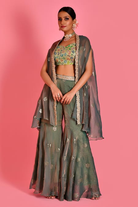 Bannhi By Priyanka Rathore Green Tissue, Organza Lace, Sequins Floral Border Embroidered Cape Sharara Set Online at Aza Fashions Bannhi By Priyanka Rathore_Green Tissue, Organza Lace, Sequins Floral Border Embroidered Cape Sharara Set _Online_at_Aza_Fashions