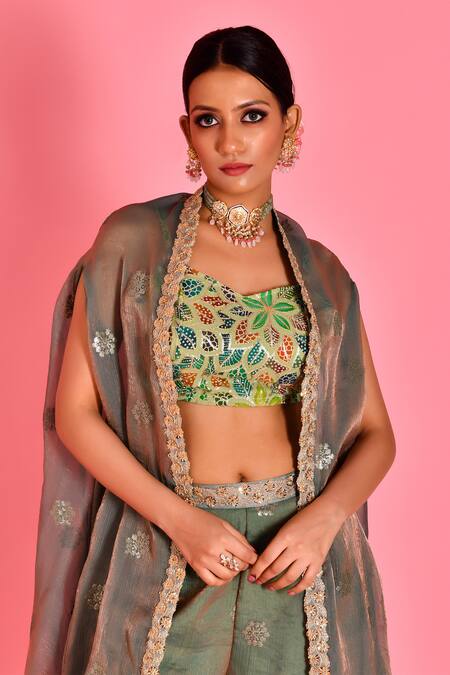 Buy Bannhi By Priyanka Rathore Green Tissue, Organza Lace, Sequins Floral Border Embroidered Cape Sharara Set Online at Aza Fashions Buy_Bannhi By Priyanka Rathore_Green Tissue, Organza Lace, Sequins Floral Border Embroidered Cape Sharara Set _Online_at_Aza_Fashions