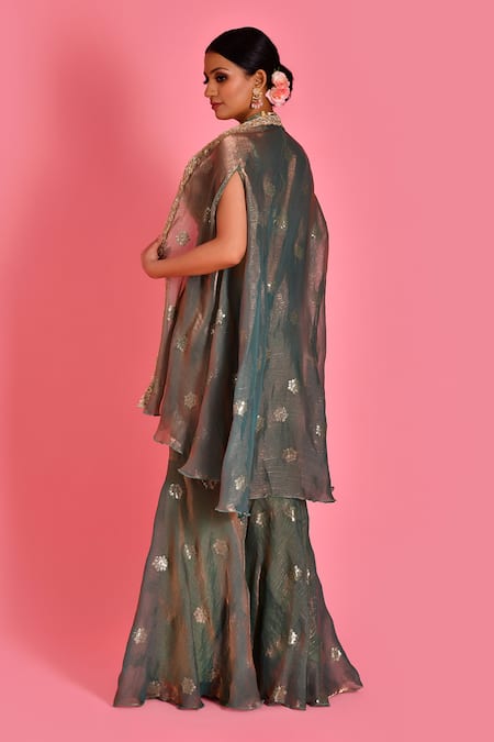 Shop Bannhi By Priyanka Rathore Green Tissue, Organza Lace, Sequins Floral Border Embroidered Cape Sharara Set Online at Aza Fashions Shop_Bannhi By Priyanka Rathore_Green Tissue, Organza Lace, Sequins Floral Border Embroidered Cape Sharara Set _Online_at_Aza_Fashions