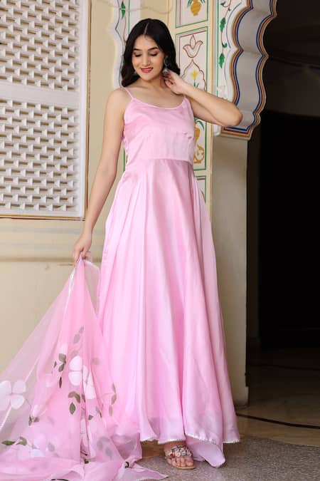 Shop Bannhi By Priyanka Rathore Pink Organza, Satin Scoop Neck Solid Anarkali With Hand Painted Dupatta Online at Aza Fashions Shop_Bannhi By Priyanka Rathore_Pink Organza, Satin Scoop Neck Solid Anarkali With Hand Painted Dupatta _Online_at_Aza_Fashions