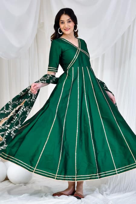 Shop Bannhi By Priyanka Rathore Green Georgette, Taffeta Gota Patti, Stripe Embellished Anarkali With Dupatta Online at Aza Fashions Shop_Bannhi By Priyanka Rathore_Green Georgette, Taffeta Gota Patti, Stripe Embellished Anarkali With Dupatta _Online_at_Aza_Fashions