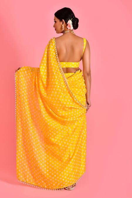 Shop Bannhi By Priyanka Rathore Yellow Chanderi Pearls V-neck Bandhani Pattern Palazzo Saree With Blouse at Aza Fashions Shop_Bannhi By Priyanka Rathore_Yellow Chanderi Pearls V-neck Bandhani Pattern Palazzo Saree With Blouse _at_Aza_Fashions