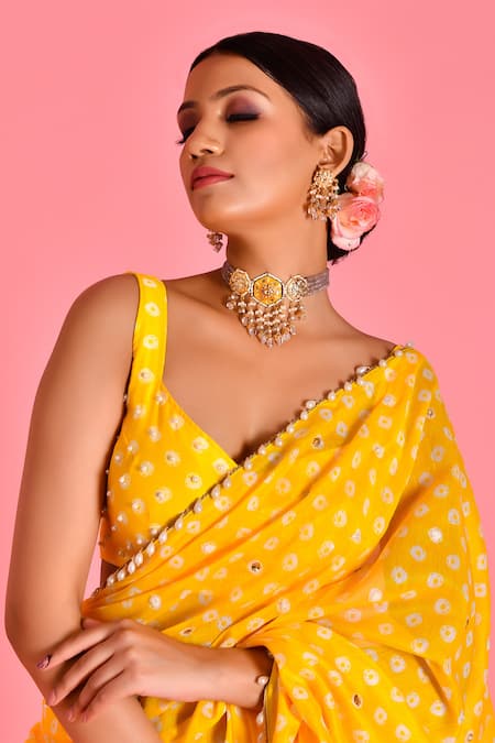 Bannhi By Priyanka Rathore Yellow Chanderi Pearls V-neck Bandhani Pattern Palazzo Saree With Blouse Online at Aza Fashions Bannhi By Priyanka Rathore_Yellow Chanderi Pearls V-neck Bandhani Pattern Palazzo Saree With Blouse _Online_at_Aza_Fashions