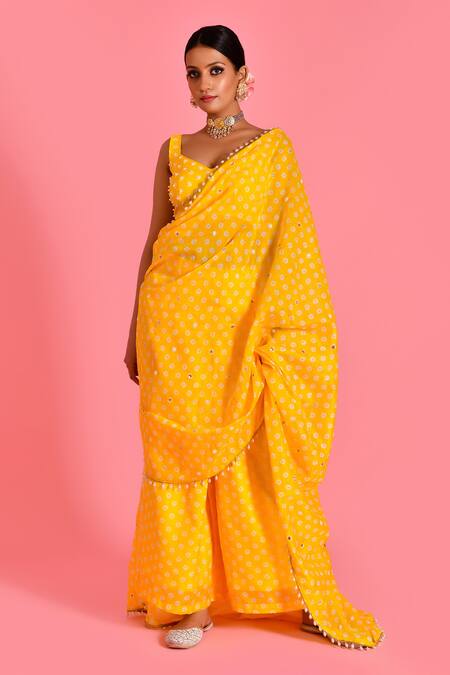 Buy Bannhi By Priyanka Rathore Yellow Chanderi Pearls V-neck Bandhani Pattern Palazzo Saree With Blouse Online at Aza Fashions Buy_Bannhi By Priyanka Rathore_Yellow Chanderi Pearls V-neck Bandhani Pattern Palazzo Saree With Blouse _Online_at_Aza_Fashions