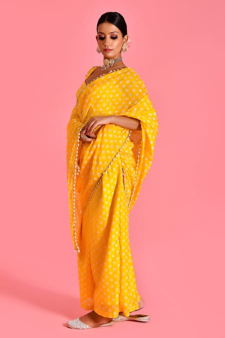 Shop Bannhi By Priyanka Rathore Yellow Chanderi Pearls V-neck Bandhani Pattern Palazzo Saree With Blouse Online at Aza Fashions Shop_Bannhi By Priyanka Rathore_Yellow Chanderi Pearls V-neck Bandhani Pattern Palazzo Saree With Blouse _Online_at_Aza_Fashions
